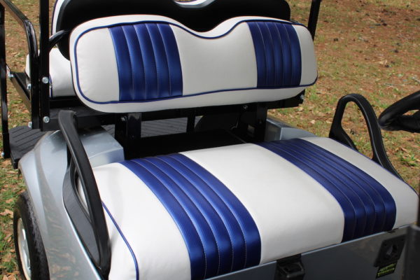 White and blue golf cart seats